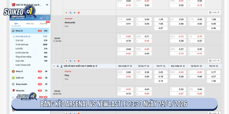 Soi Kèo Arsenal Vs Newcastle 23:30 Ngày 25/4/2026 Premier League Bảng kèo Arsenal vs Newcastle 23:30 ngày 25/4/2026