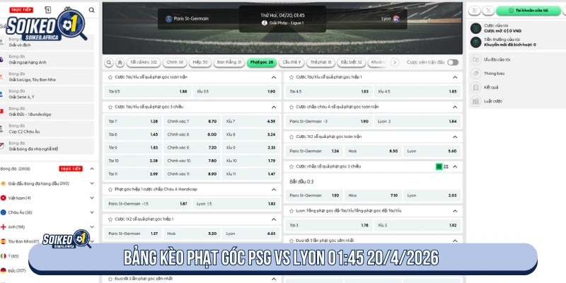 Soi Kèo Phạt Góc PSG Vs Lyon 01:45 20/4/2026 Ligue 1 Bảng kèo phạt góc PSG vs Lyon 01:45 20/4/2026